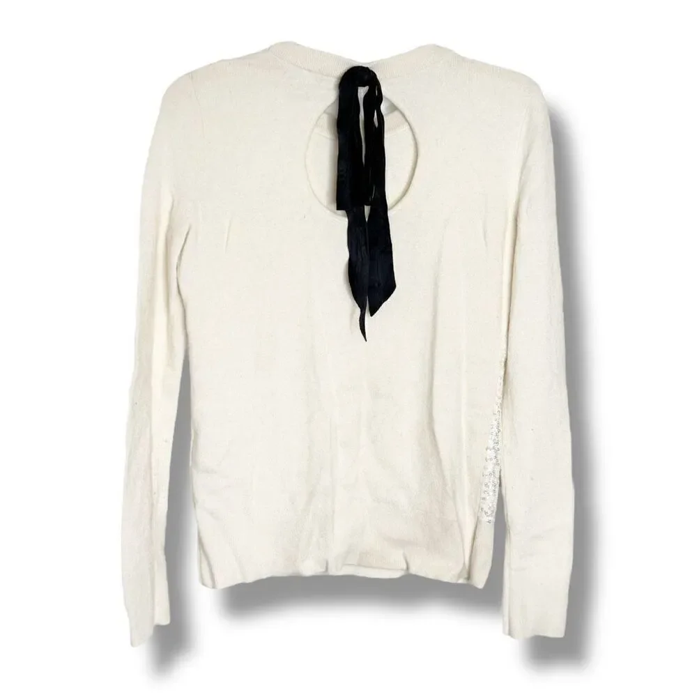 Kate Spade New York Ivory Sequin Front Sweater Keyhole Back Black Satin Bow Sz S